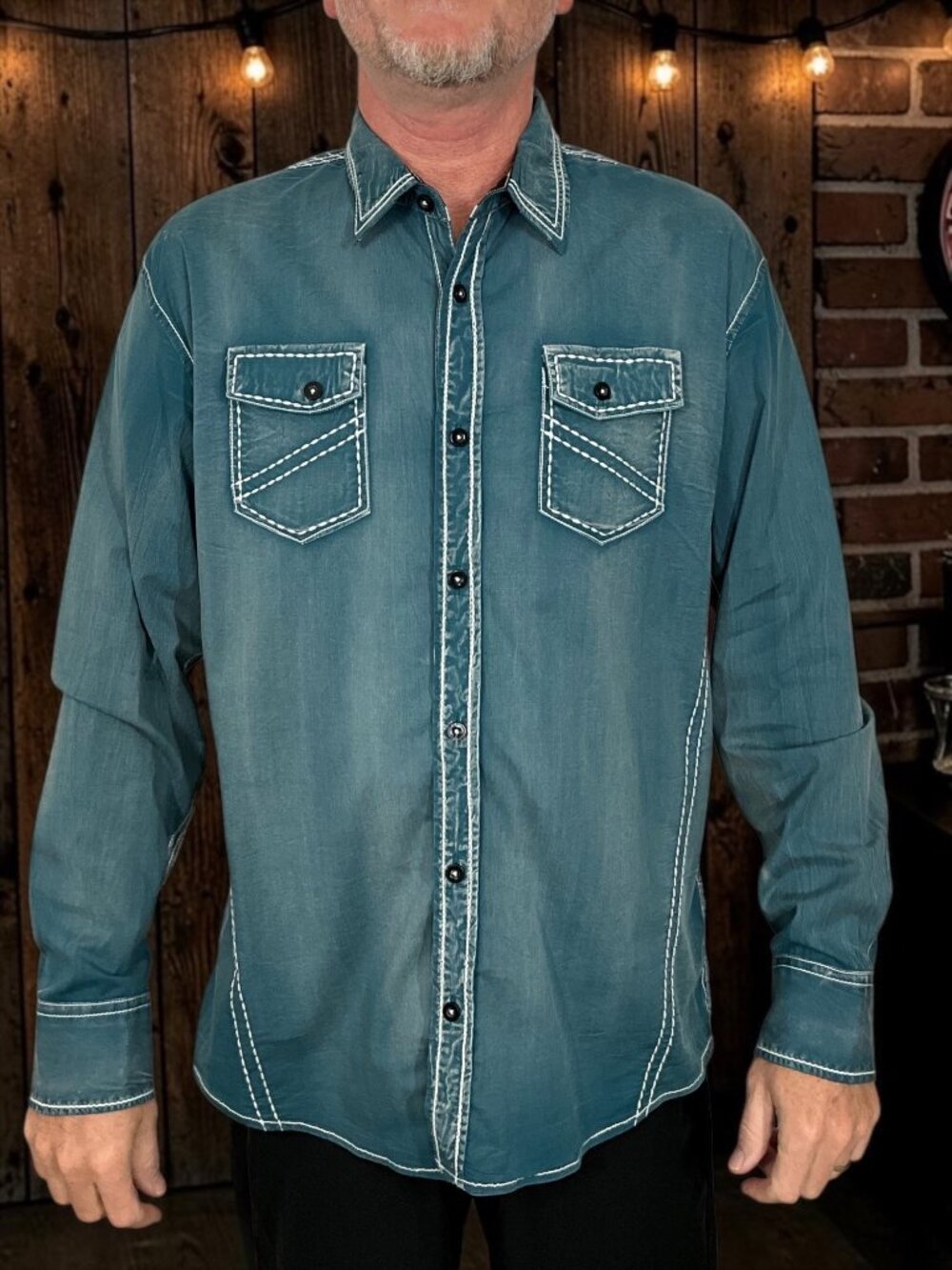 Roar Button Front All Star Shirt L Blue Long Sleeve Western Biker
